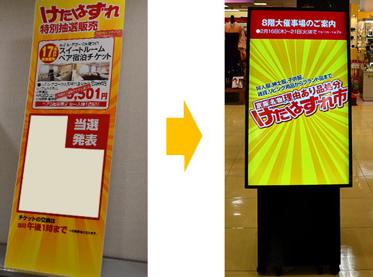 画像：館内での催事告知は、以前は印刷ポスター（左）を製作していましたが、デジタルサイネージ（右）に変更。デジタルサイネージならではの魅せ方も工夫され、お客様の注目度がアップ。